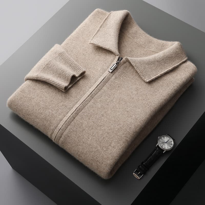 Cross-Border New Men's Turn-Down Collar 100% Pure Wool Sweater Thickened Outerwear Casual Comfortable Large Size Zippered Long Sleeve Cardigan