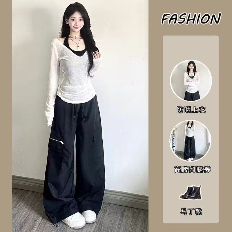 Three-Piece Set for Women, 2024 Autumn Pure Desire Style Hot Girl Sun Protection Long Sleeve Cover-Up Camisole Top High-Waist Wide-Leg Pants