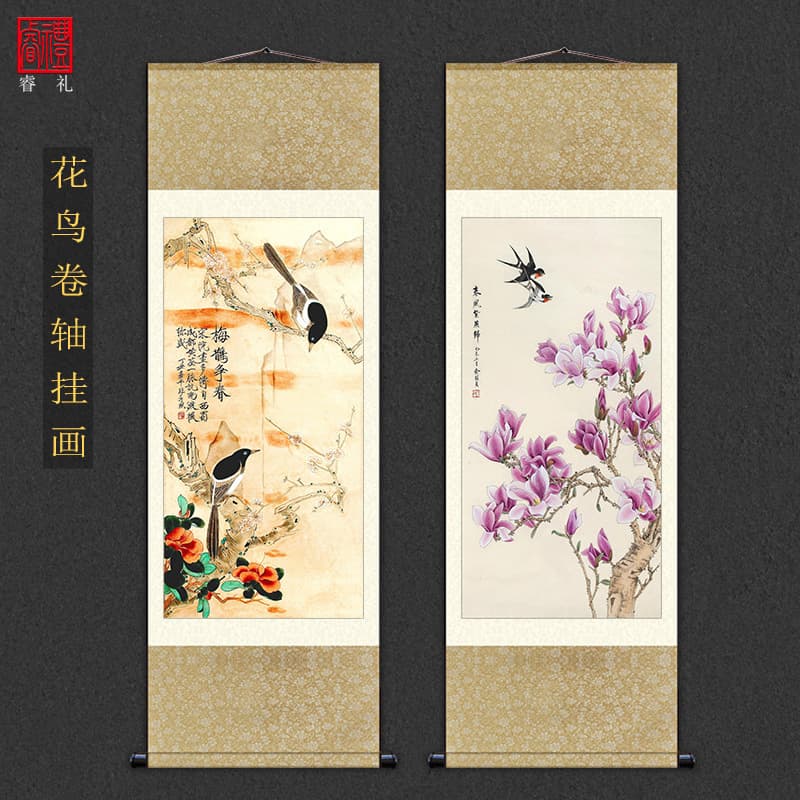 New Chinese Flower and Bird Scroll, Spring Orchid Summer Grain Silk Painting for Living Room Accent Wall