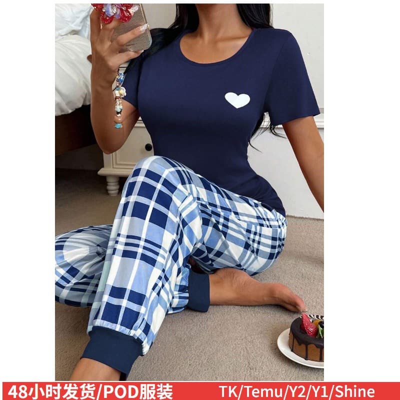 2026 Cross-Border Shein European and American Plus-Size Women's Clothing Heart Print Short-Sleeve Pajamas Loungewear Long Pants Set