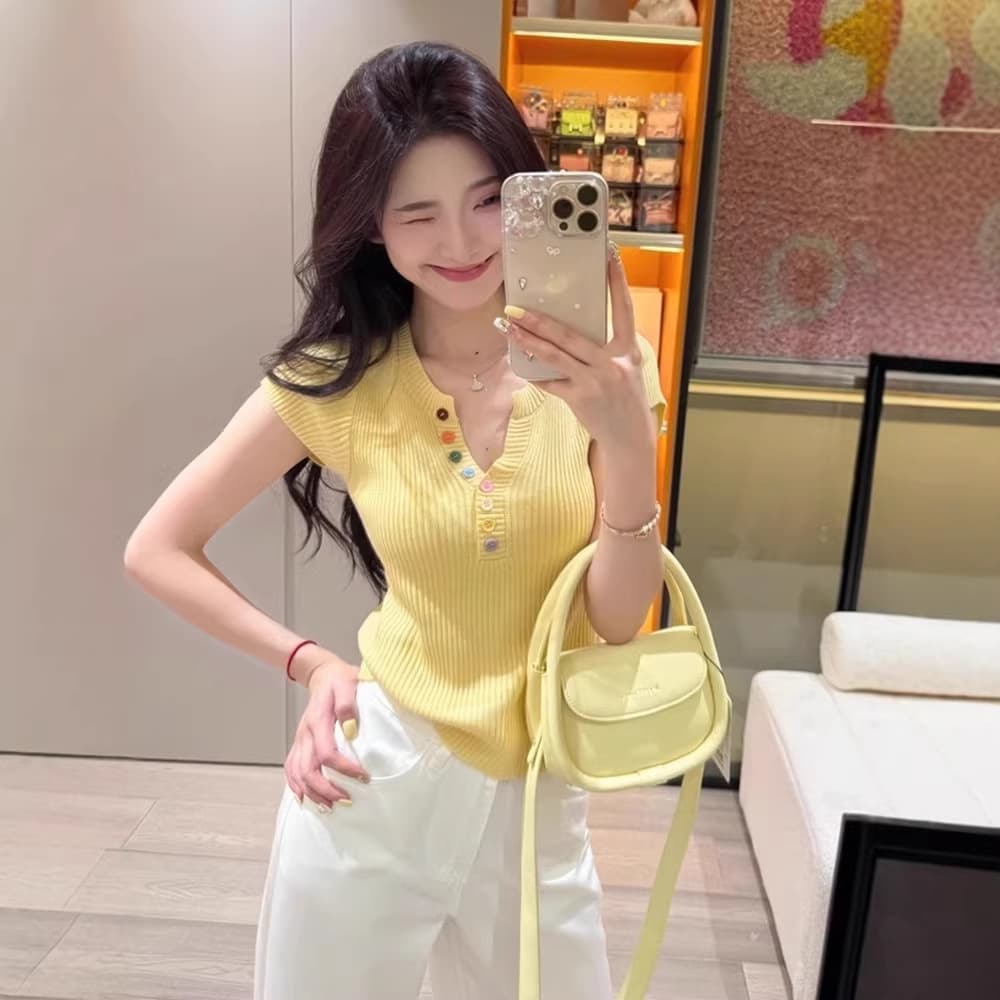 Yellow V-Neck Short-Sleeve Knit Top for Women, Summer Slim Fit High-Waist Cropped Top, Summer Bestseller from Factory Source