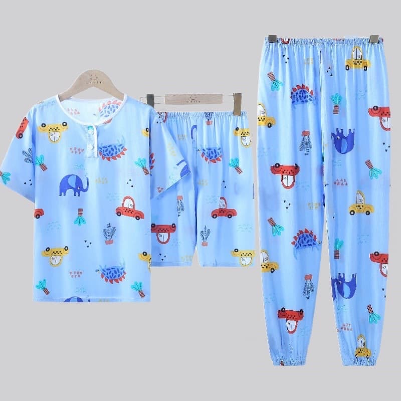 Cotton silk children's pajamas summer thin boys' short-sleeved three-piece set for older children, junior high school students, cartoon summer home clothes