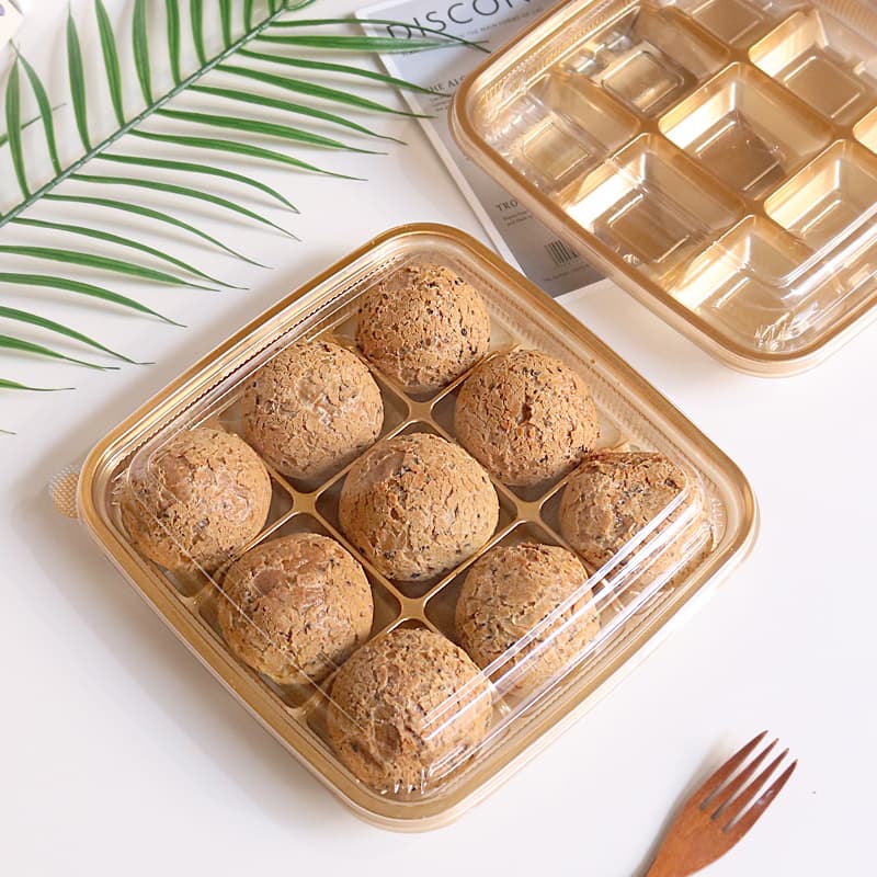 Square nine-compartment dessert box for 9 or 6 pieces of hemp chips, including pastries, chocolates, and egg yolk pastries.