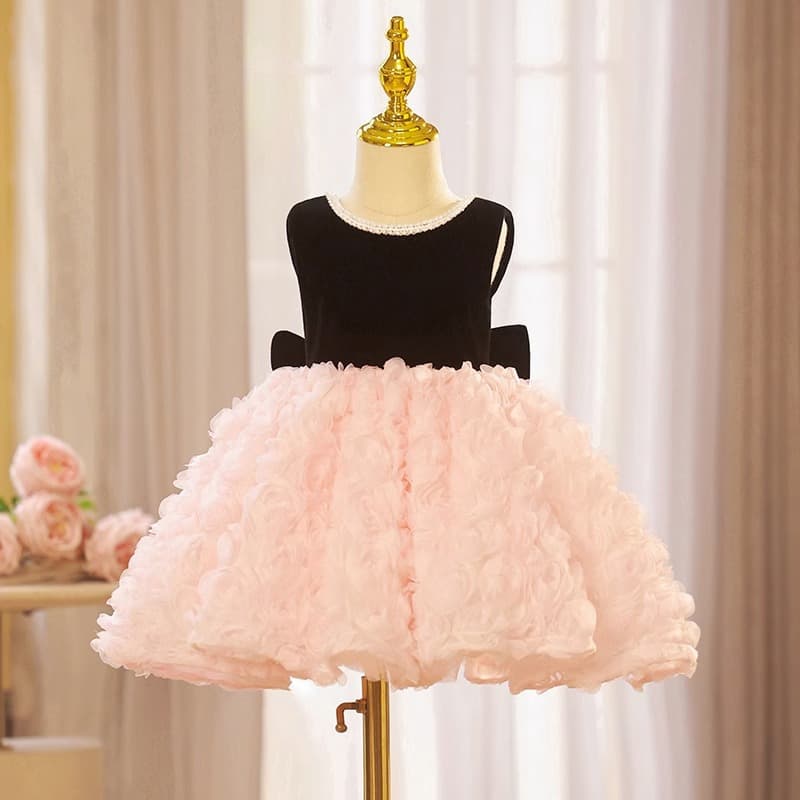 1st Birthday Dress for Baby Girl, Spring Pink Black Kids Host Flower Girl Wedding High-End Princess Gown