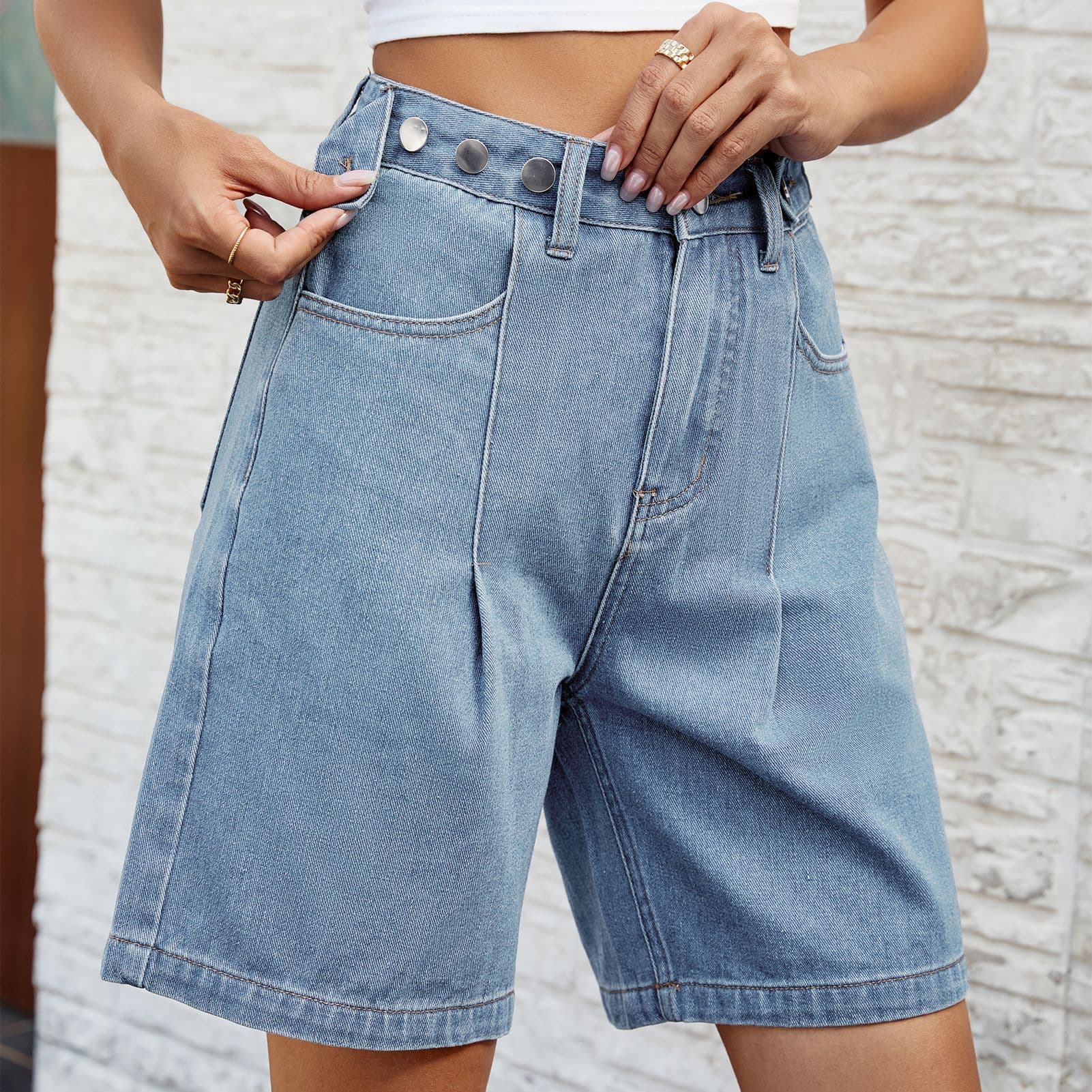2025 Spring/Summer New Arrival European and American Cross-Border E-commerce Amazon Independent Station Washed Denim Bermuda Shorts with Adjustable Waist