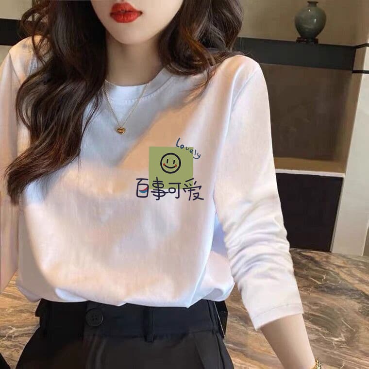 White Cotton Mid-Length Base Layer Top for Women, Autumn/Winter Long Sleeve T-Shirt, Loose Fit, Pair with Shark Leggings, Women's Fashion