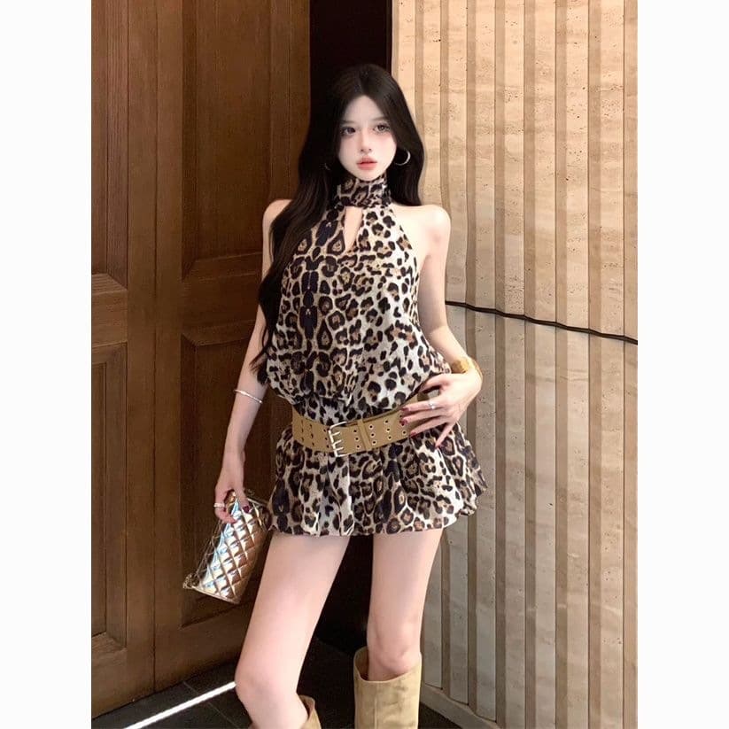 Sexy Vintage Leopard Print Sleeveless Halter Neck Bodycon Mini Dress Slim Fit Short Dress