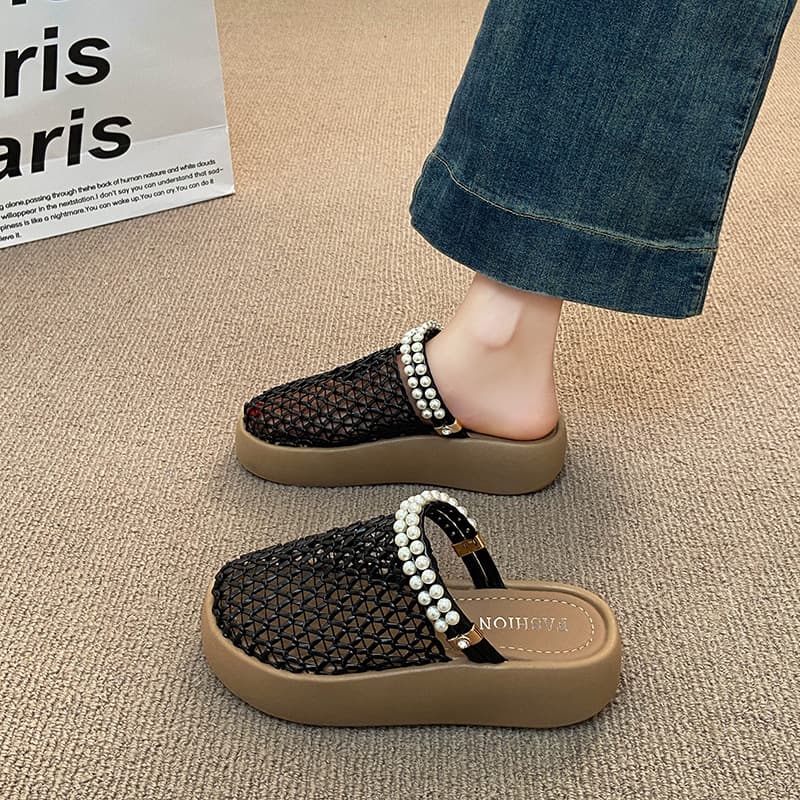 Cross-border Woven Mule Shoes for Women 2026 Summer Trendy Thick-Soled Closed-Toe Half Slippers Slip-On Casual Sandals