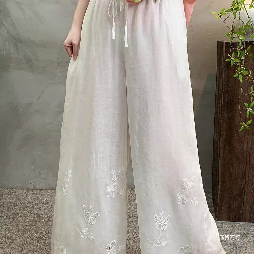 Casual Versatile Elastic Waist Drawstring Slimming Long Pants Cotton Linen Embroidered Elegant Wide-Leg Pants Summer 2026 New Women's Trousers