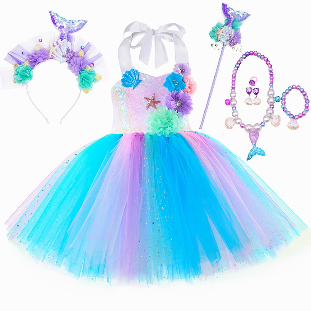 Children's Sequin Mermaid Princess Dress with Flower and Starfish Tutu Skirt, Girls Tulle Puffy Dress, Cross-Border Kids Clothing