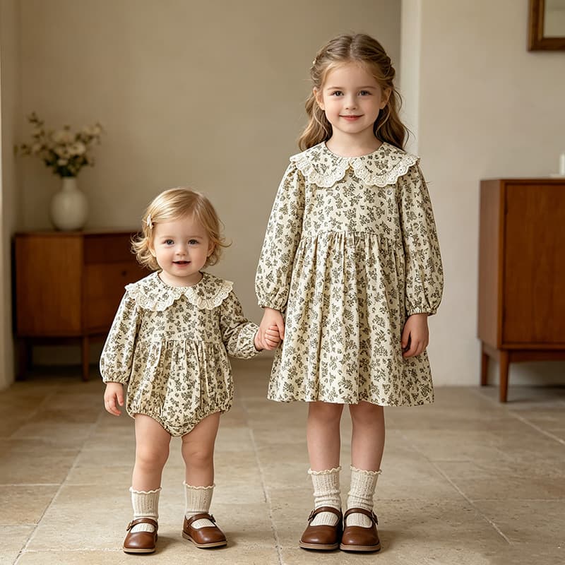 Girls' Dress Spring Autumn New Baby Romper Floral Print Toddler Bodysuit Children's Sisters Outfit