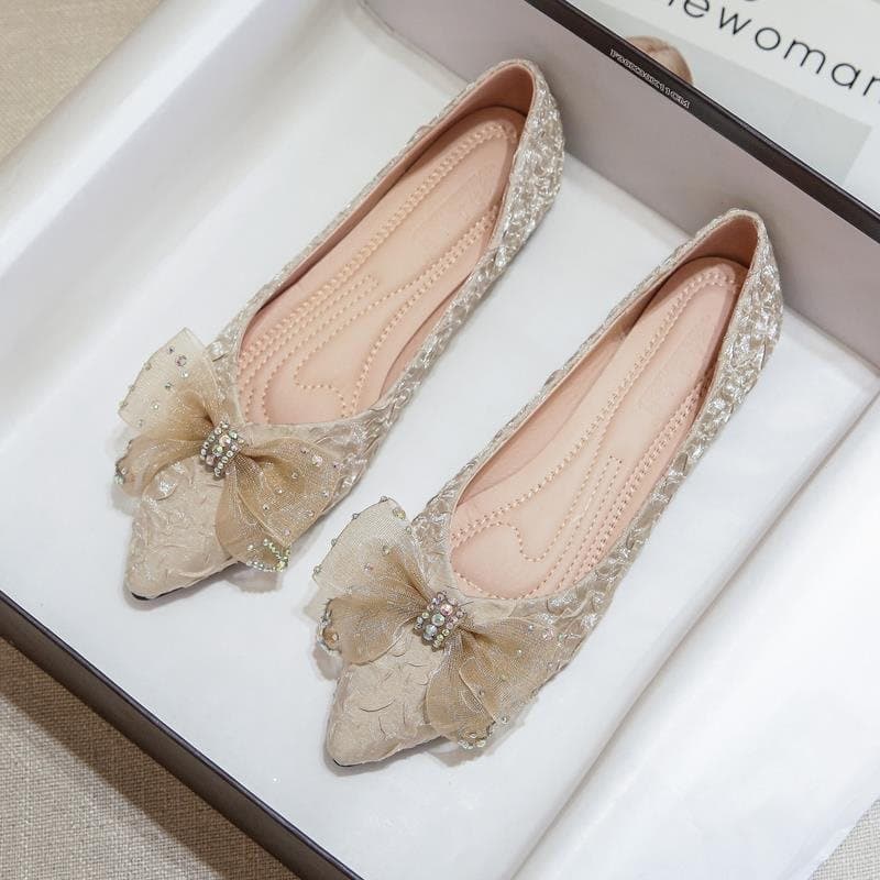 Pointed Toe Flats Rhinestone Bow Flats Women Spring Autumn Loafers New Shallow Mouth Gentle Soft Sole Women's Shoes