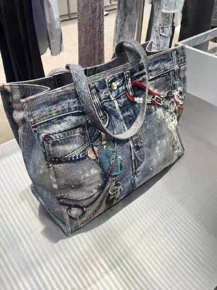 American Retro Y2K Style Denim Handbag Streetwear Trendy Versatile Commuter Large Capacity Tote Bag Ins Shoulder Bag