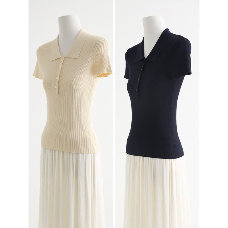 MIU Style 14 Gauge Cool Ice Silk Curved Pearl Polo Collar Short Sleeve Ribbed Knit Top Slim Fitted Shoulder T-Shirt 95216