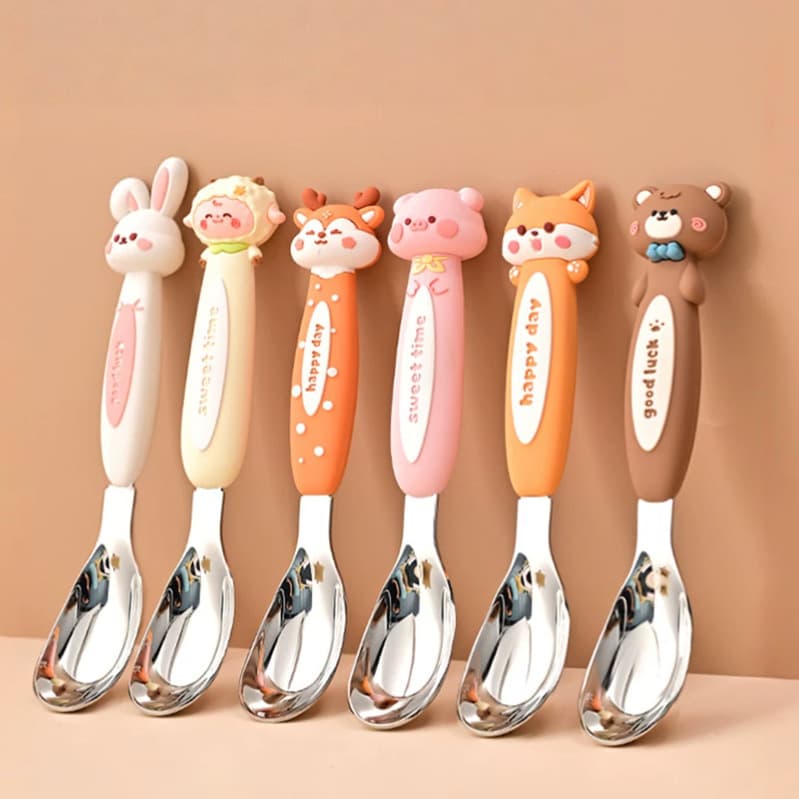 Cartoon children's food supplement, cute learning to eat, silicone baby spoon and fork, stainless steel spoon, long handle, high-value tableware