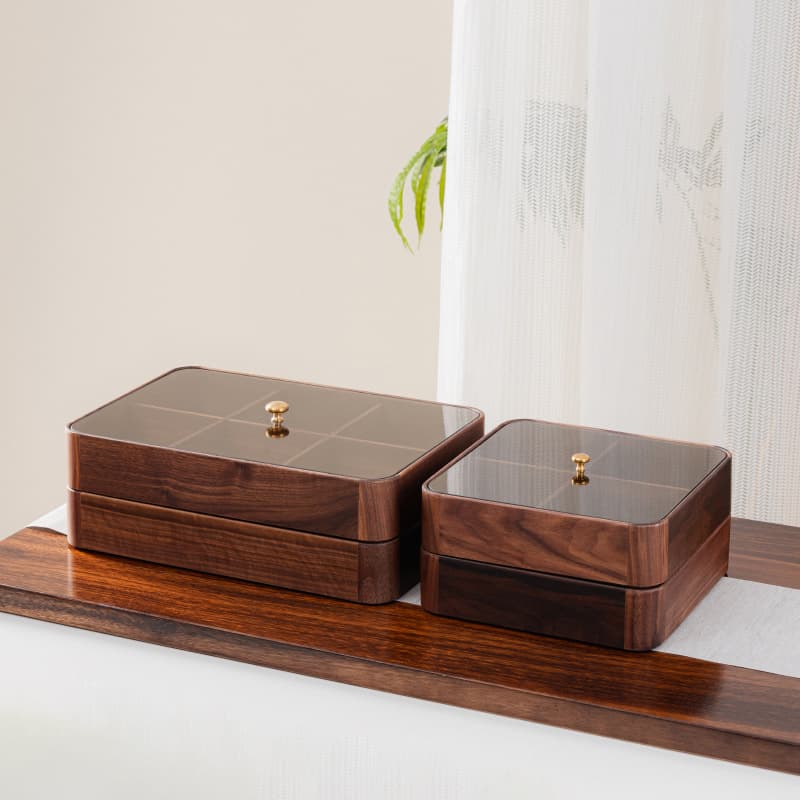 Black Walnut Wood Double-Layer Dry Fruit Box with Glass Lid, Solid Wood Living Room Simple New Chinese Style Candy Tray Storage Box Wholesale