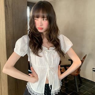 Sweet Style Lace Edge Tie Short Sleeve Blouse Women Summer Elegant French Top Unique Design Chic Top