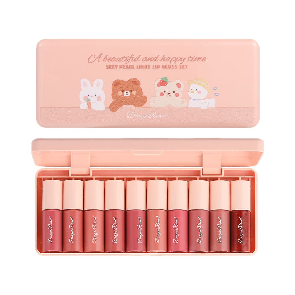 Cross-border 10-piece Cartoon Box Set Moisturizing Lip Gloss Set Long-lasting Non-fading Lip Stain Mirror Finish Sample Lipstick Women Lip Gloss