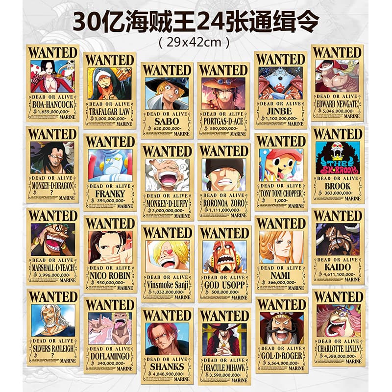 One Piece wanted poster, Chopper and Zoro wallpaper stickers, anime-style embossed merchandise.
