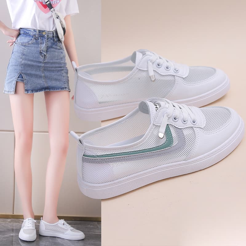 Women's Summer Flat Mesh Shoes Fashionable Breathable Comfortable Student Casual All-Match Low-Top White Sneakers PVC Outsole