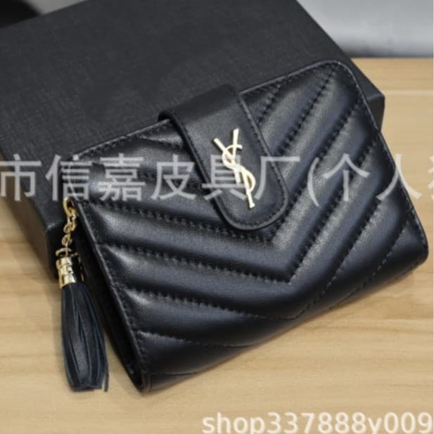 Short YSL Clutch Wallet Coin Purse Card Holder Multi-Slot Wallet Flap Cross-Border Zipper Solid Genuine Leather European American