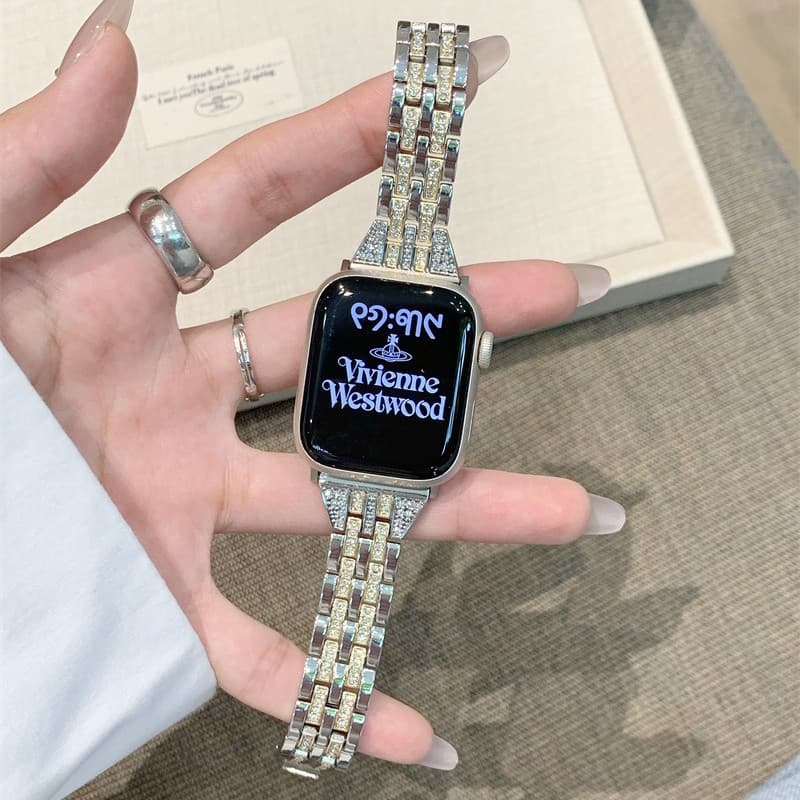 Compatible with Huawei Fit5, Xiaomi 10 Pro, Gold Flash Diamond Five-Bead Watch Strap, Apple S11, iWatch 10 SE 98