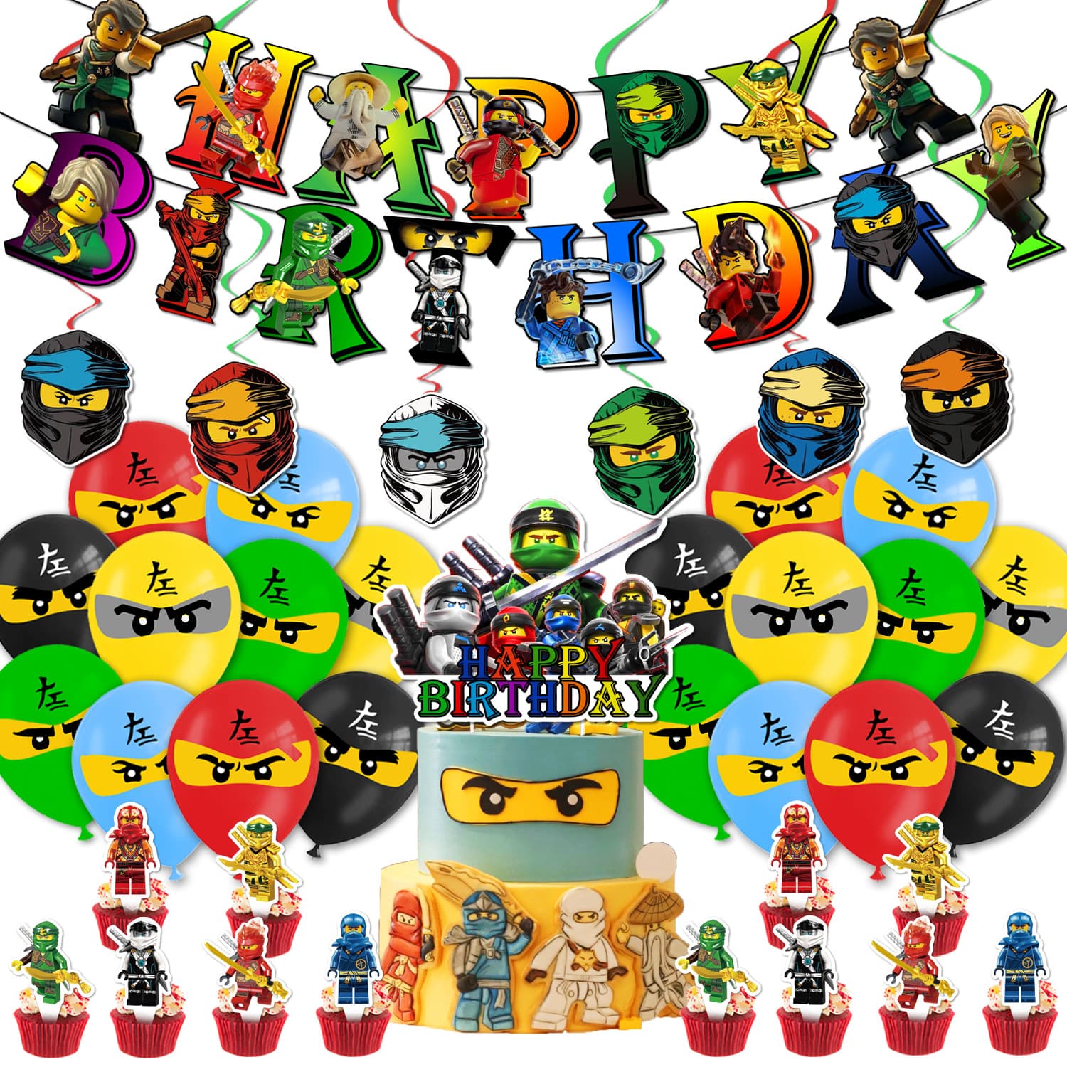 LEGO Ninjago Party Decorations Banner Balloons Cake Topper Swirl Hanging Ornaments Ninja Theme Birthday Party
