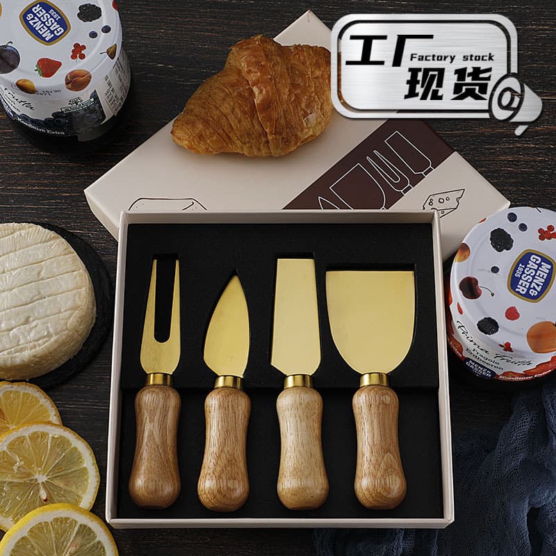 Stainless Steel Wood Handle Cheese Knife Butter Pizza Cake Tool Set Kitchen Gadget Rubber Wood Handle Cheese Fork Set