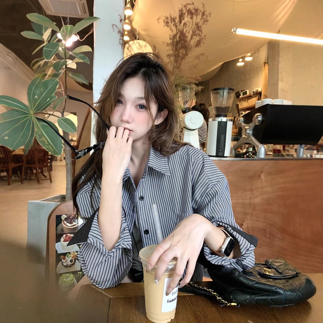 Women's Autumn New Style Sensibility Niche Loose-Fit Shirt Jacket Vertical Stripe Top Korean Vintage Long Sleeve Blouse