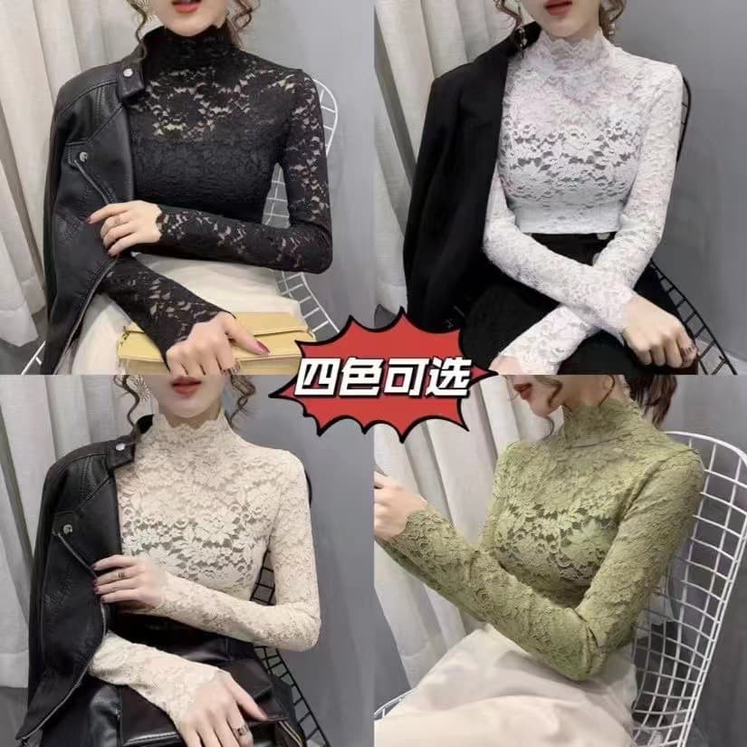2023 Spring/Summer Lace Long-Sleeve Base Top for Women, Mock Neck Hollow Mesh Shirt, Fake Collar Inner Layer, Trendy Base Layer