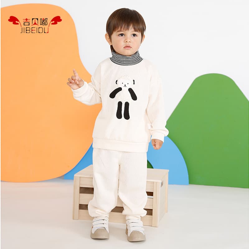 2023 Autumn Winter New Baby Toddler Set, Boys Girls Cartoon Embroidery Thickened Half High Collar Outfit