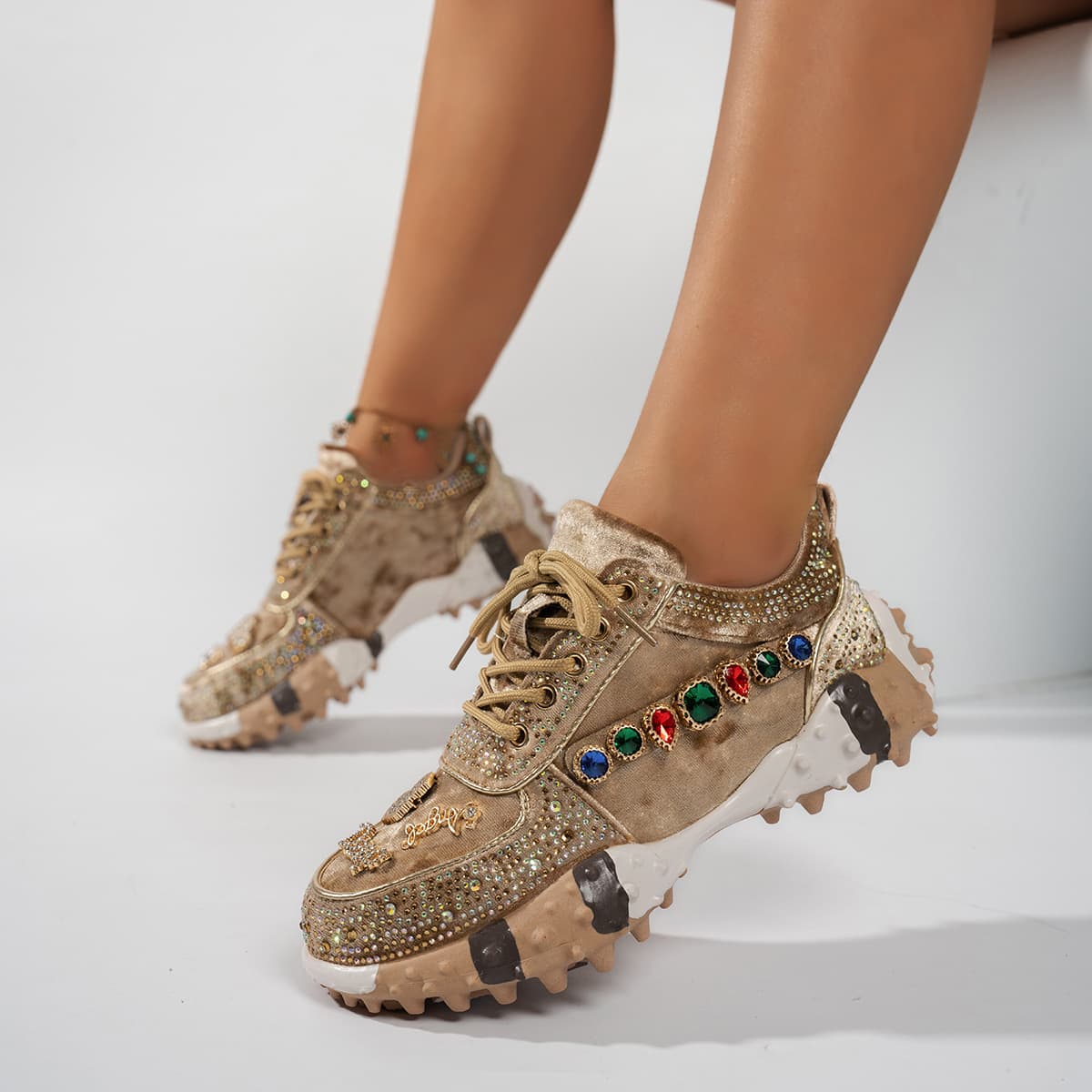 Summer Thin Durian Sole Chunky Sneakers Large Size Cross-border Export Rhinestone Sports Shoes Suede Breathable Fashion Sports Shoes