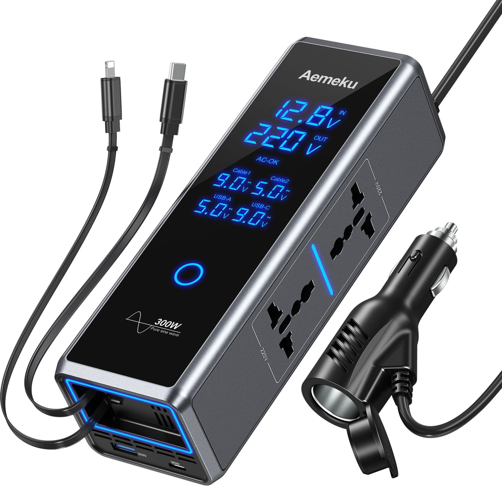 Cross-border New Hot Sale 300W Digital Display 12V/24V to 220V Sine Wave Car Inverter Multi-functional Power Station