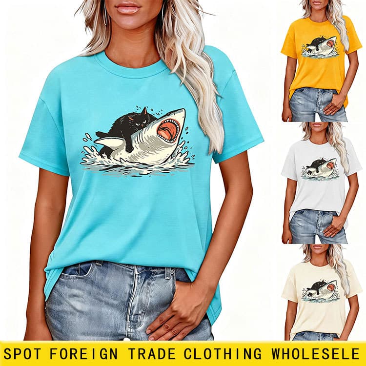 Amazon eBay Independent Store Casual Fashion Cute Fun Women's Black Cat Shark Round Neck Short Sleeve T-Shirt Base Layer