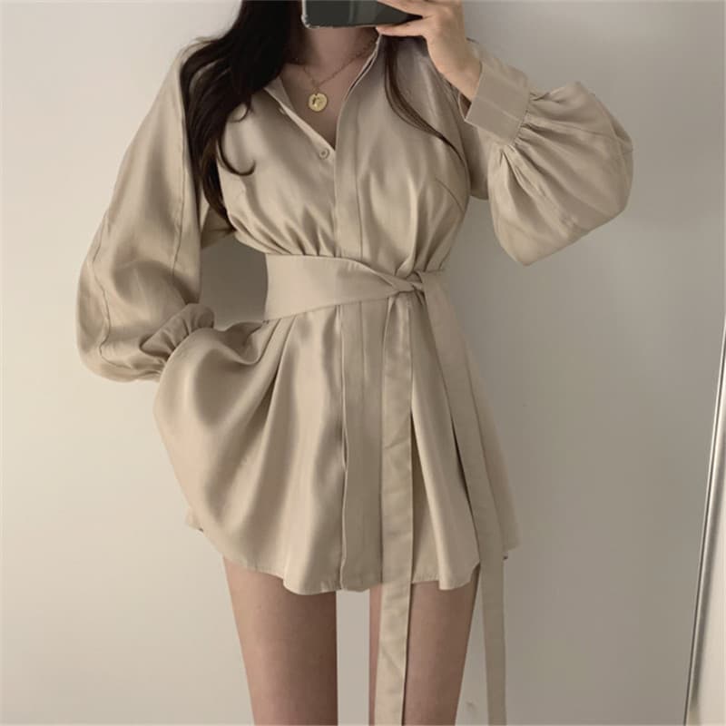 Cross-border Single Top Korean Chic Stylish Solid Color Waist-cinching Shirt with Belt Women's 2026 Spring/Autumn New Arrival