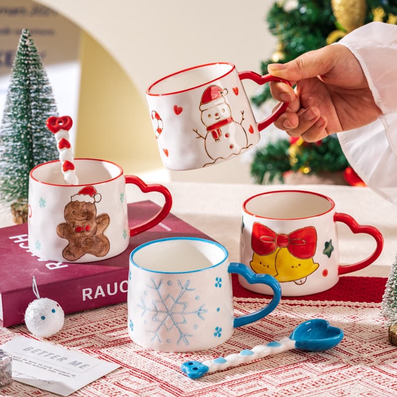 Embossed Christmas Cute Girl Heart Ceramic Cup Snowflake Christmas Tree Mug Snowman Creative Hand-Painted Coffee Cup