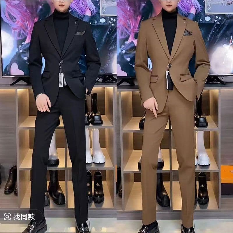 Trendy and sophisticated slim-fit men's suit, British style groom's wedding attire, business formal black casual suit