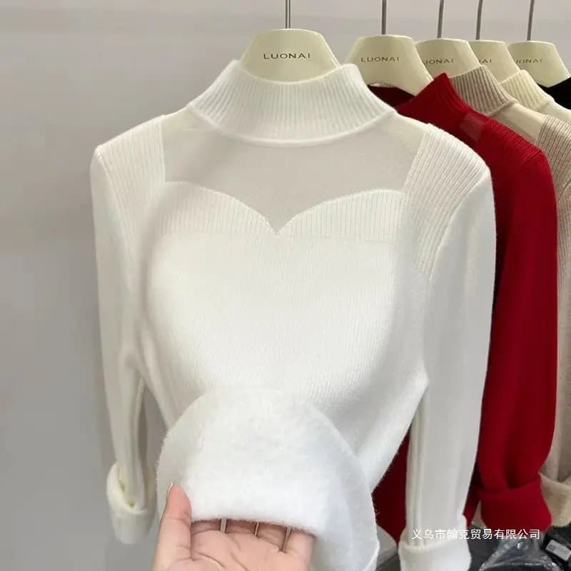 Fleece-Lined Sweater Women Thickened Winter Versatile Integrated Fleece Design Mesh Wearable Semi-Turtleneck Knitted Base Layer