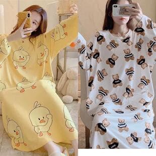 Spring Autumn Winter New Long Sleeve Knee-Length Sleep Dress Korean Loose Fit Sleep Dress Wearable Outside Women's Homewear
