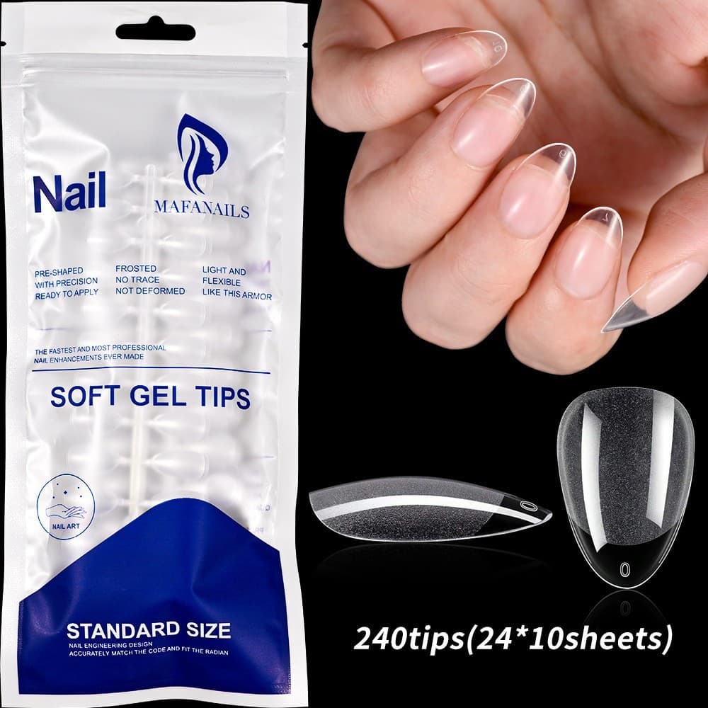 240PCS Semi-Transparent Semi-Matte Short Almond Nail Tips Full Cover False Nails Clear Color Wearable Nail Art