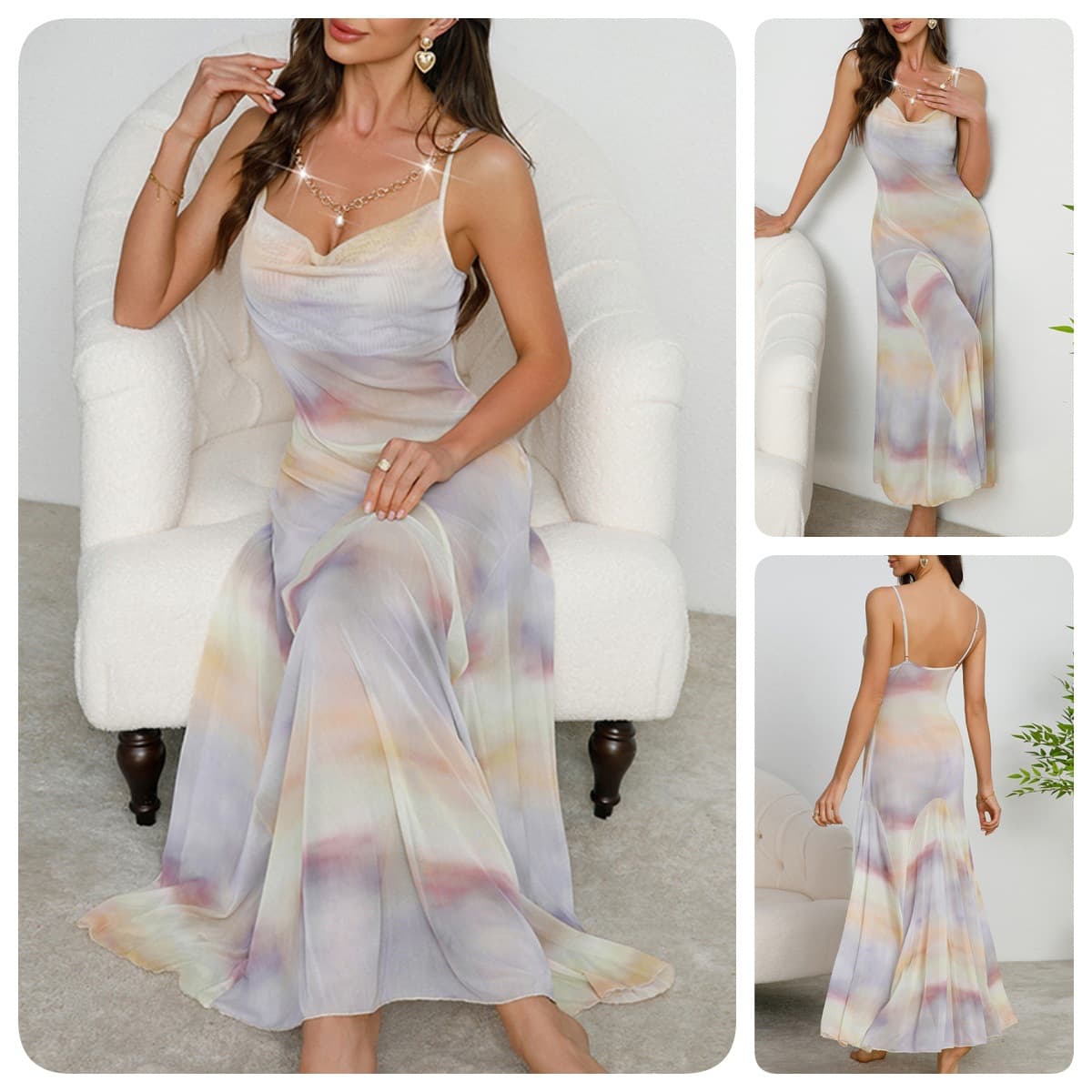 Mufeel Cross-border Sexy Nightgown Women Tie-dye Mesh Camisole Dress Draped Neck Slim Long Slip 890