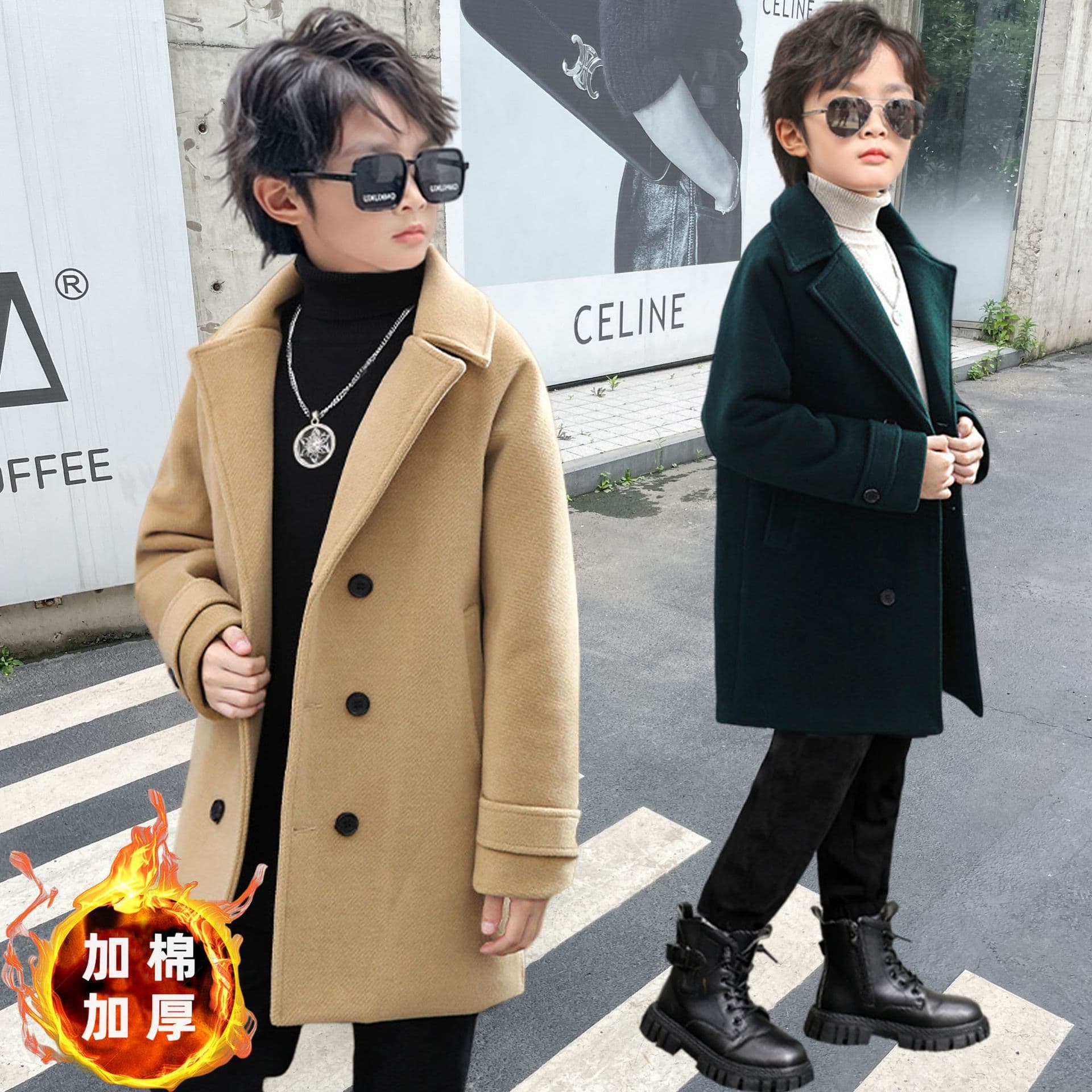 New autumn and winter style boys' double-breasted woolen coat thickened children's Korean style lapel mid-length woolen coat