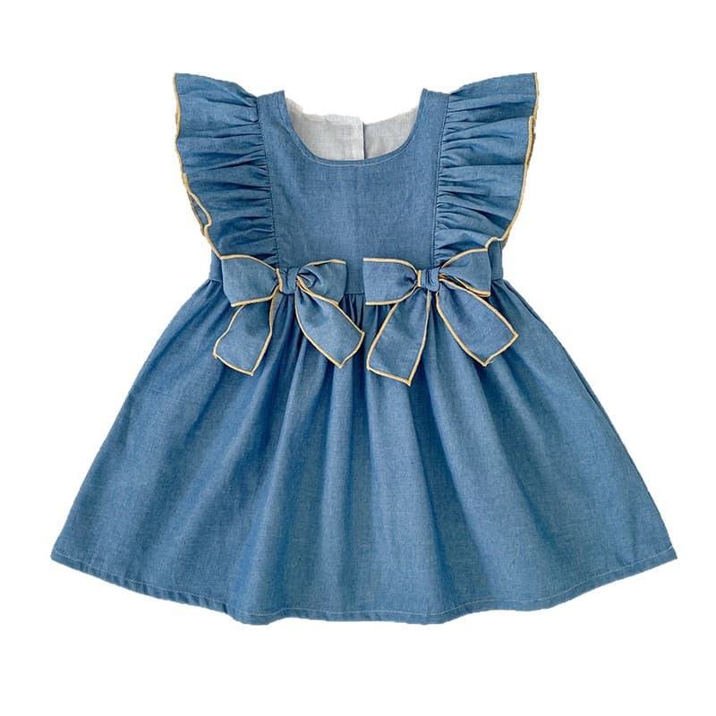 Girls Summer Dress New Korean Style Bowknot Sleeveless Denim Dress Baby Jumpsuit Sisters Children Clothing