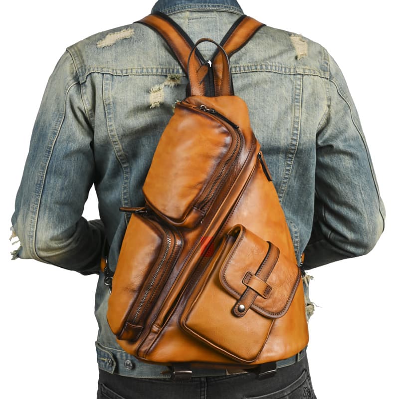 Distressed retro brown genuine leather backpack, high-end business multi-compartment, large-capacity backpack, multi-functional crossbody bag