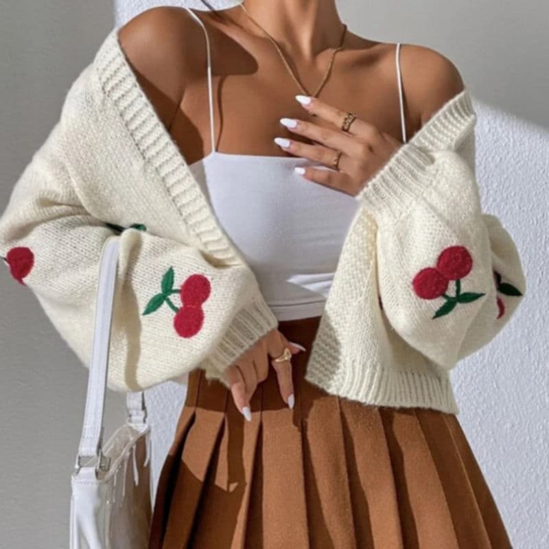 Autumn Winter Cherry Embroidery Sweater for Amazon EU US Market, Buttonless Cherry Loose Casual Women's Knit Cardigan