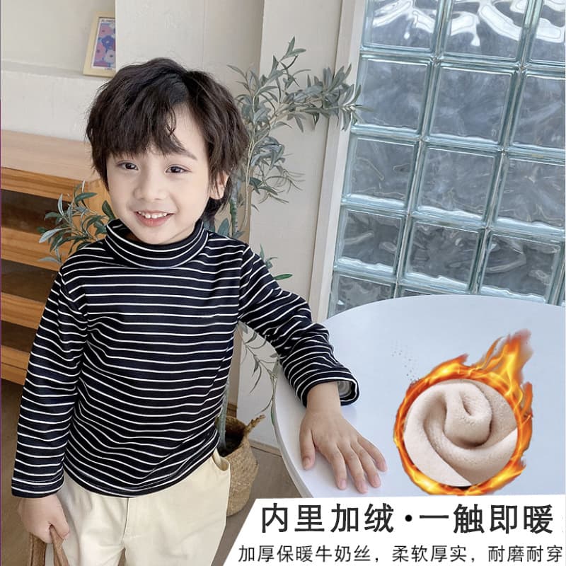 Kids Warm Hoodie with Stripes, Unisex High-Neck Base Layer, Fleece-Lined Thickened Long-Sleeve T-Shirt Children's Top