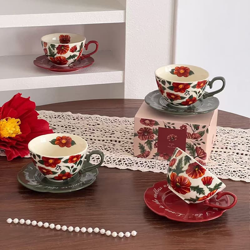 French Vintage Red Rose Ceramic Coffee Cup and Saucer, Gift Box Packed, Water Cup Afternoon Tea Latte Cup, Floral Ceramic Cup and Saucer