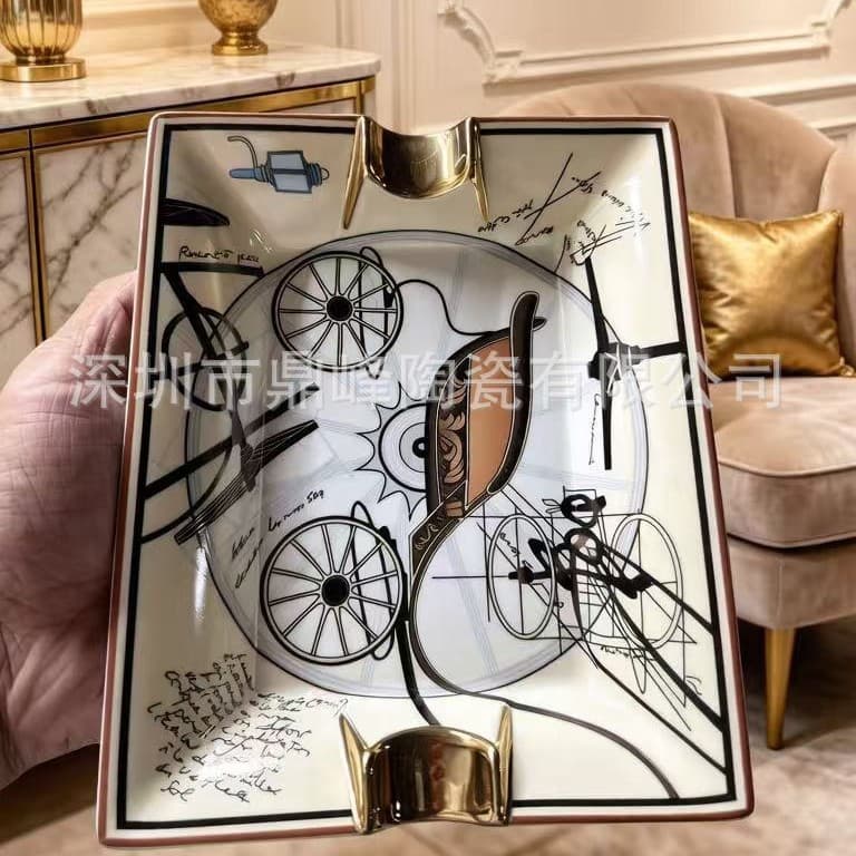 European Luxury Vintage Hermes Style Cigar Ashtray Ceramic Creative Mechanical Carriage Double Slot Cigar Ash Tray