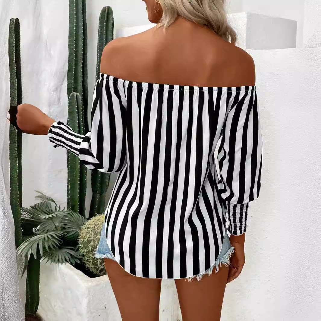 2026 New Women's Fashion Loose Off-Shoulder Lantern Sleeve Asymmetric Hem Striped Blouse