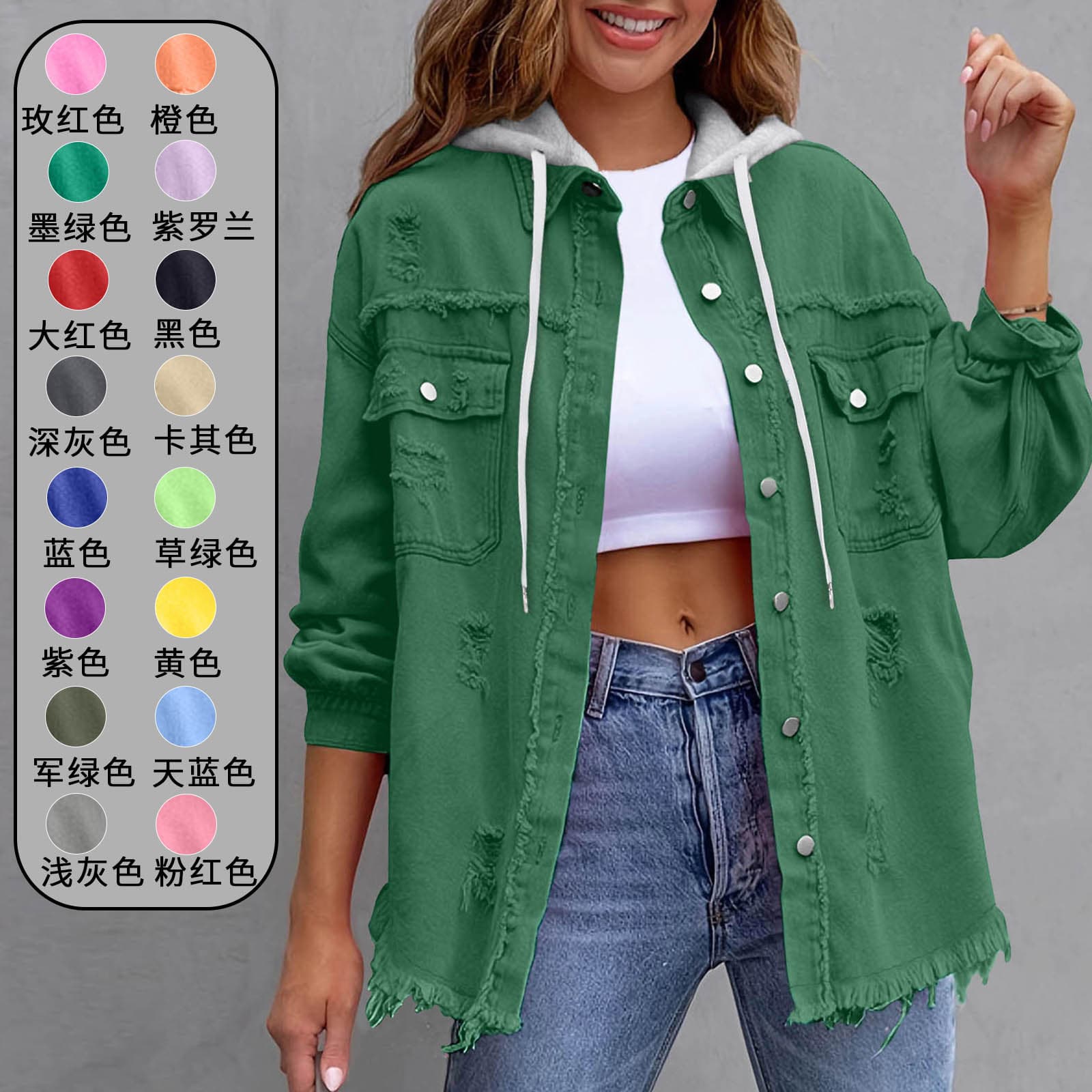 In Stock 2026 EU-US Cross-Border New Casual Mid-Length Denim Jacket for Women Loose Fit Ripped Patchwork Coat